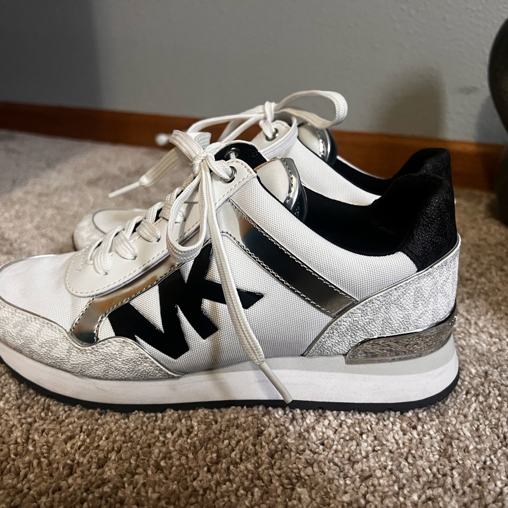Michael Kors White, Silver and Black Logo Platform Trainer